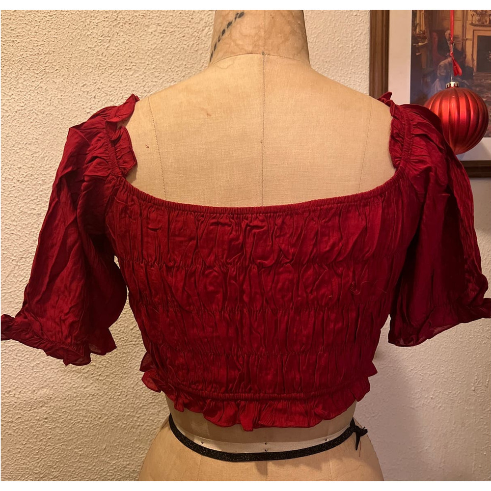 Dark Red Square Neck Ruffled Lantern Sleeve Cropped Top NWT Size XL - Picture 7 of 10